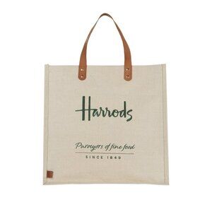 Harrods Canvas Jute Reusable Shopper Tote Bag w/ Leather Handles